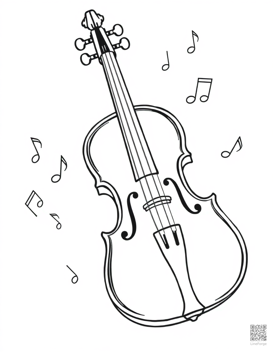 violin with musical notes floating around coloring page Contour style - free printable