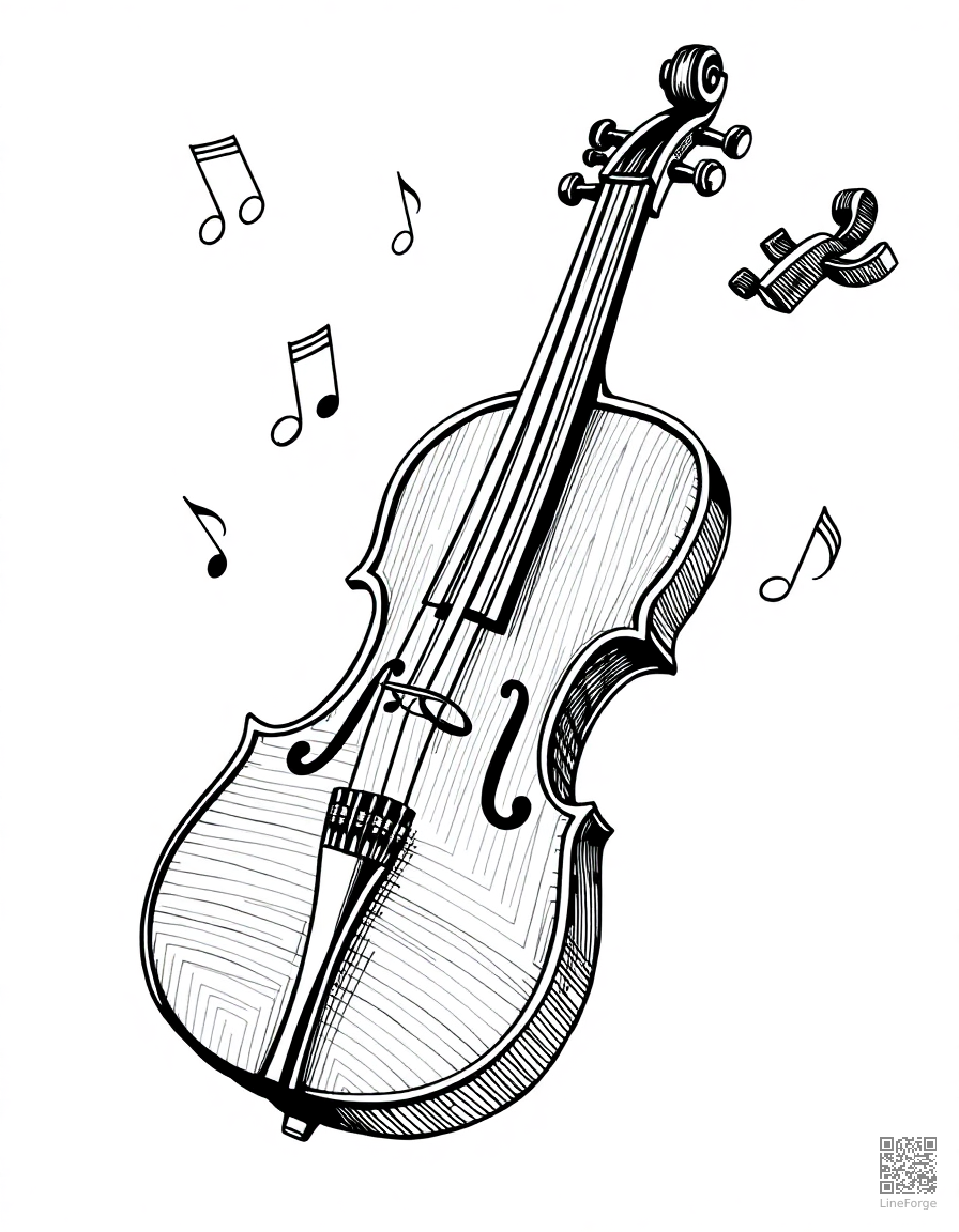 violin with musical notes floating around coloring page Crosshatch style - free printable