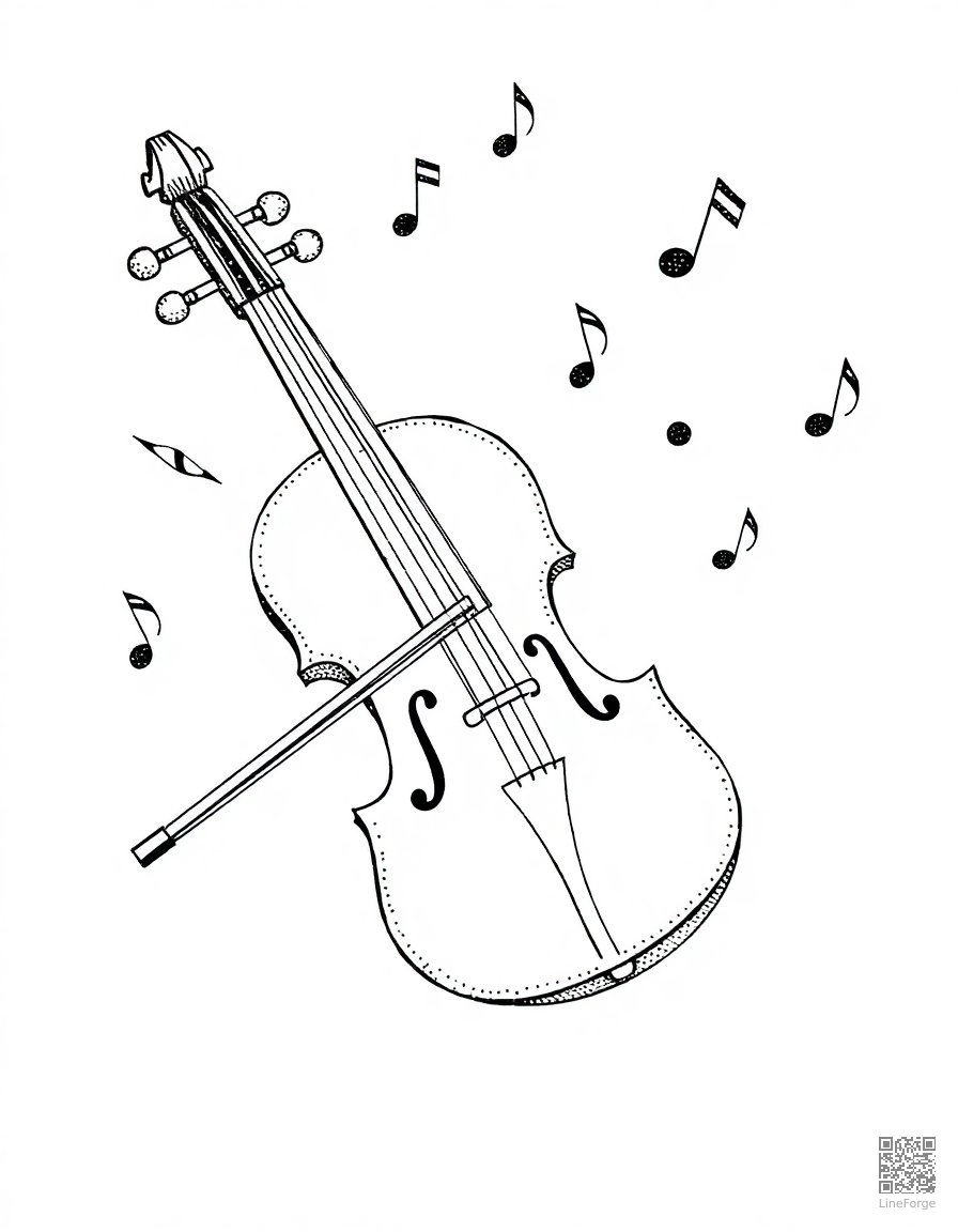 violin with musical notes floating around coloring page Stipple style - free printable