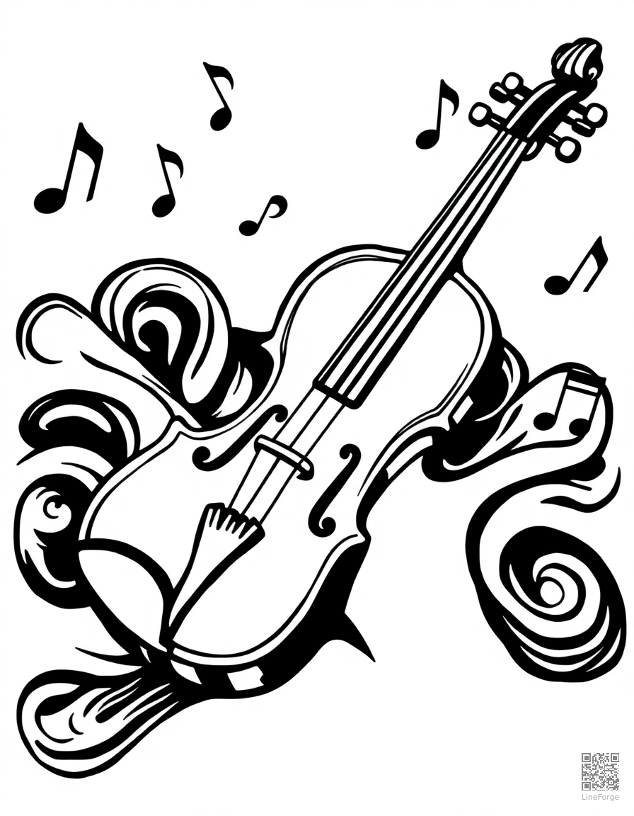 violin with musical notes floating around coloring page Woodcut style - free printable