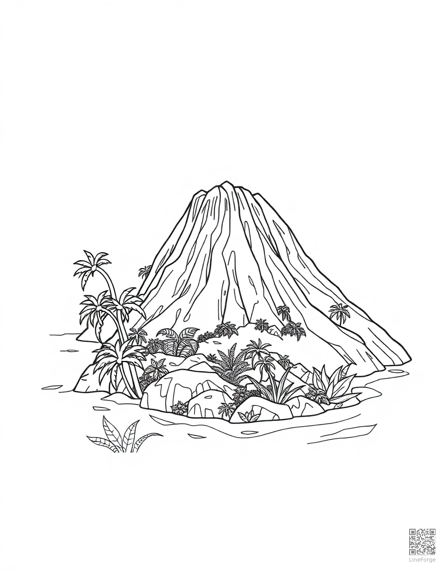 volcanic island with lush tropical growth coloring page Contour style - free printable