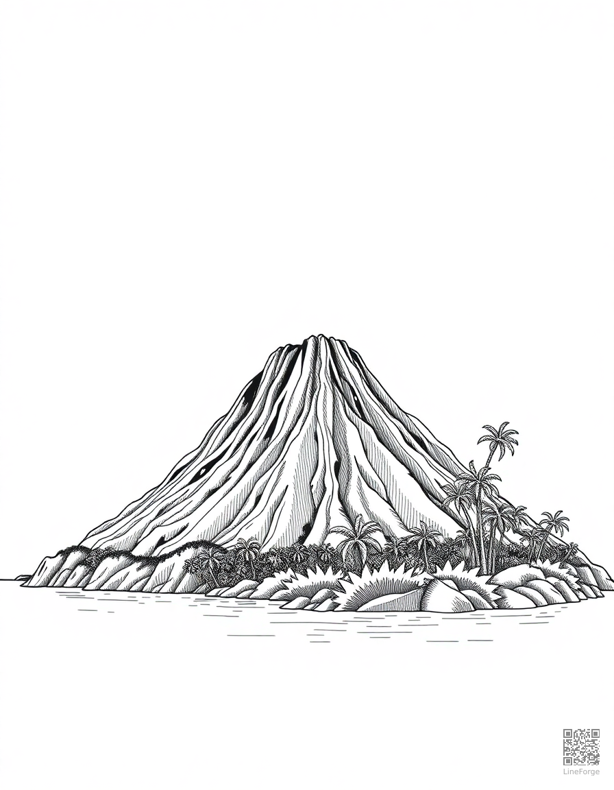 volcanic island with lush tropical growth coloring page Crosshatch style - free printable
