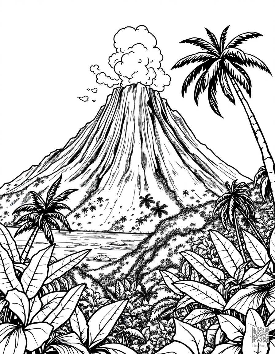 volcanic island with lush tropical growth coloring page Manga style - free printable