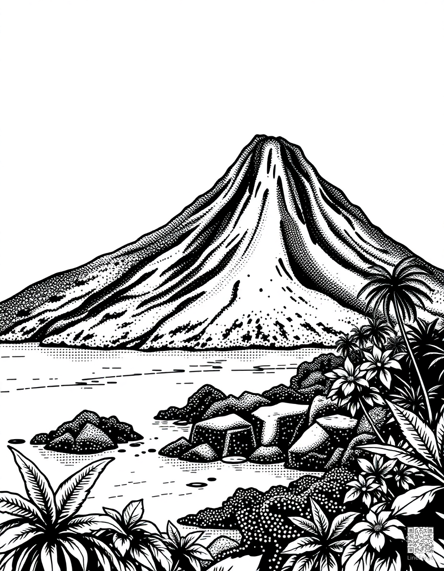 volcanic island with lush tropical growth coloring page Stipple style - free printable