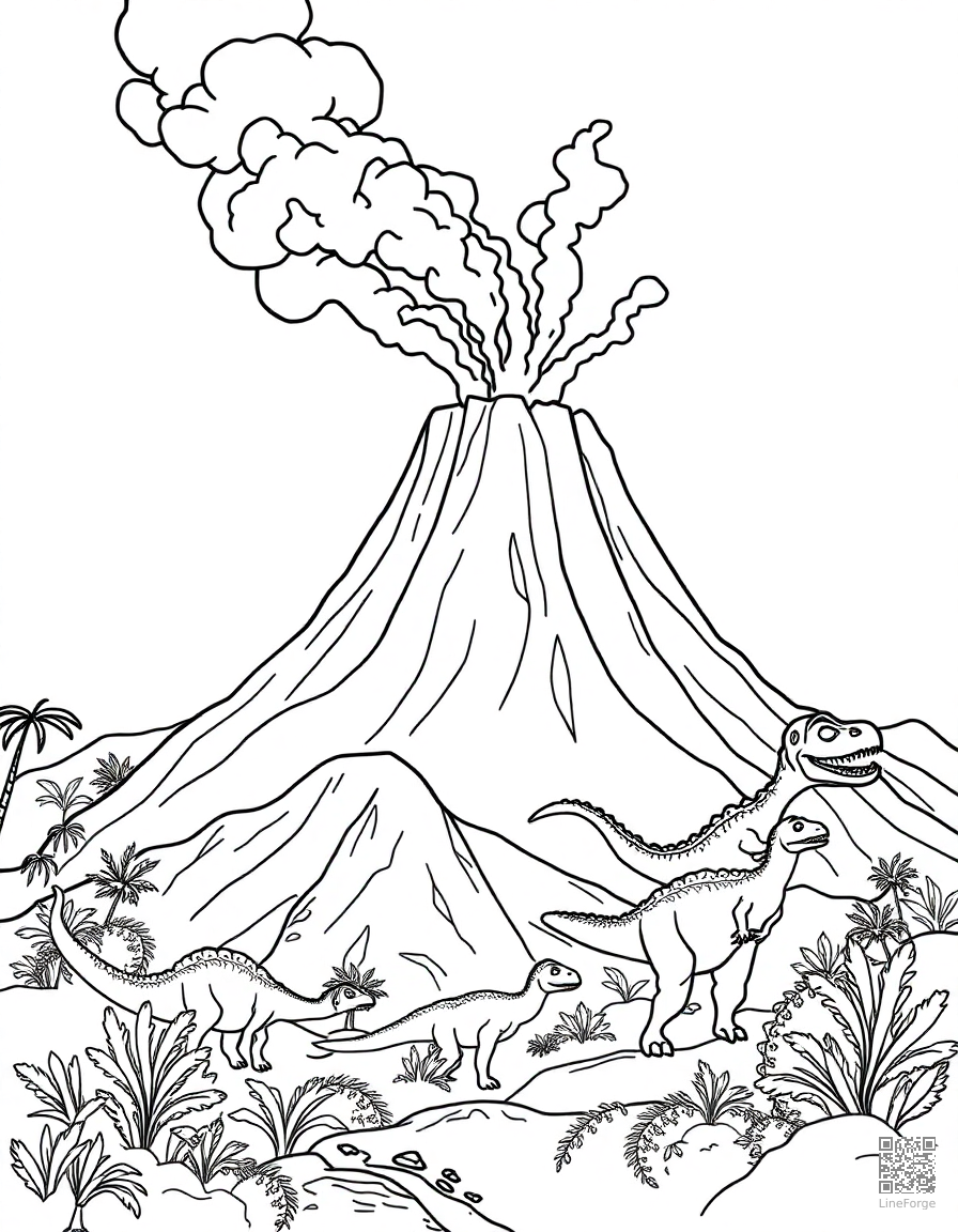 volcano erupting with dinosaurs running away coloring page Contour style free printable