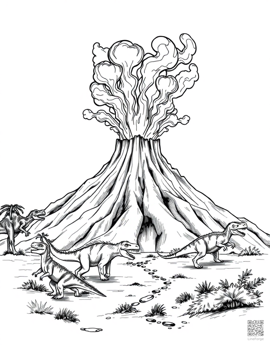 volcano erupting with dinosaurs running away coloring page Crosshatch style free printable