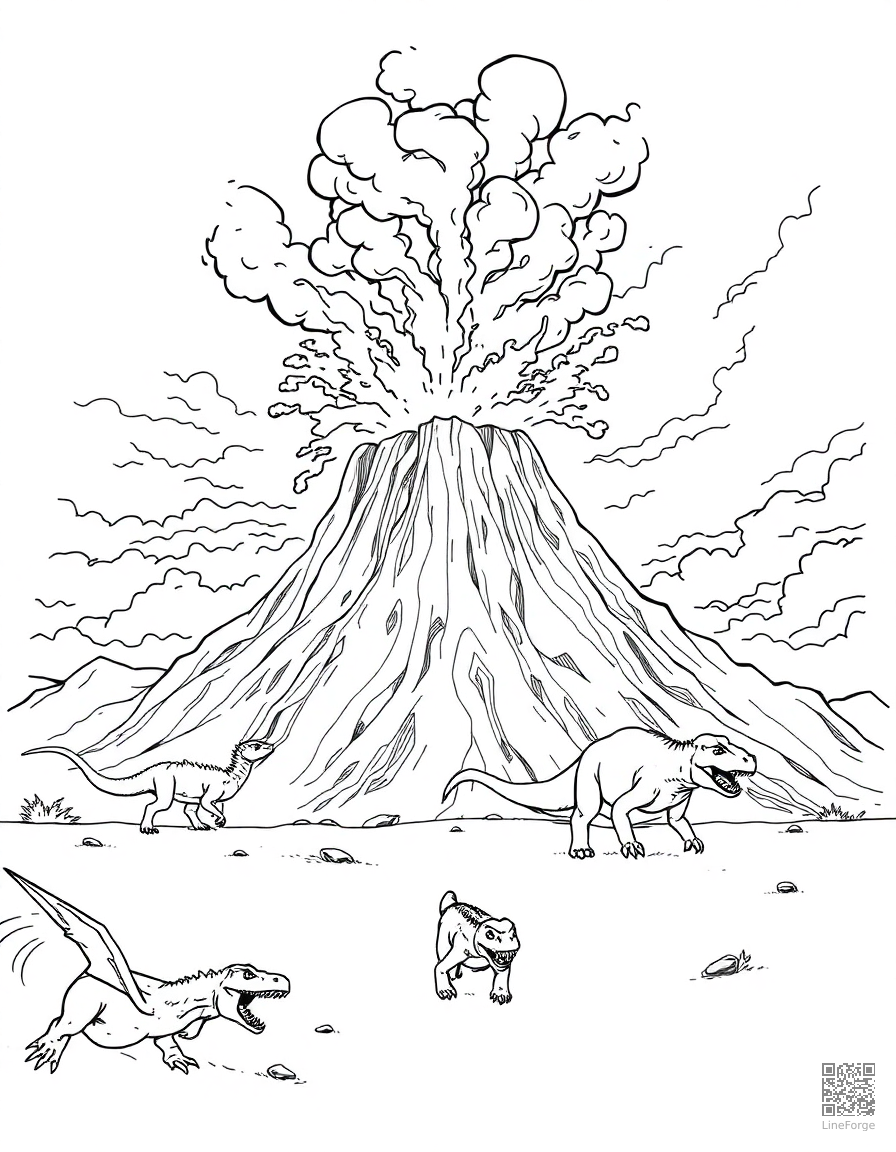 volcano erupting with dinosaurs running away coloring page Manga style free printable