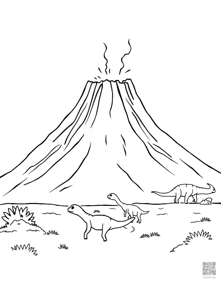 volcano erupting with dinosaurs running away coloring page Minimal style free printable