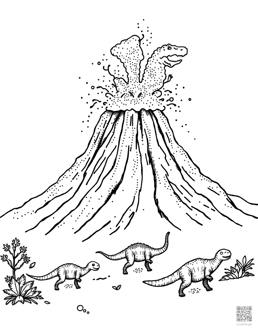 volcano erupting with dinosaurs running away coloring page Stipple style free printable