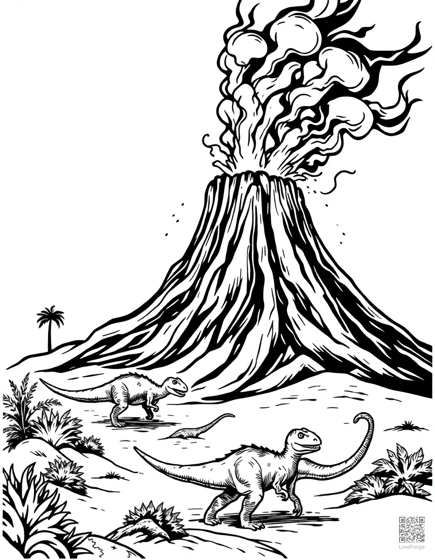volcano erupting with dinosaurs running away coloring page Woodcut style free printable