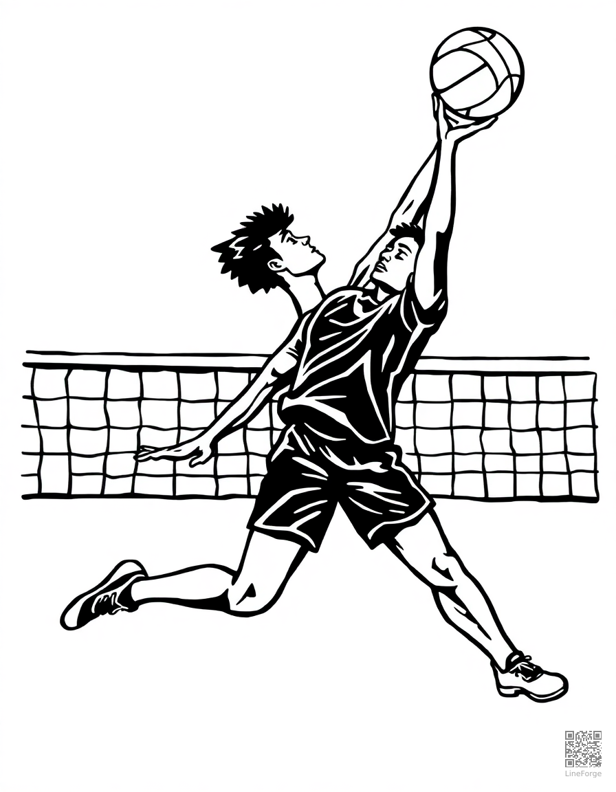 volleyball player spiking the ball coloring page Woodcut style - free printable