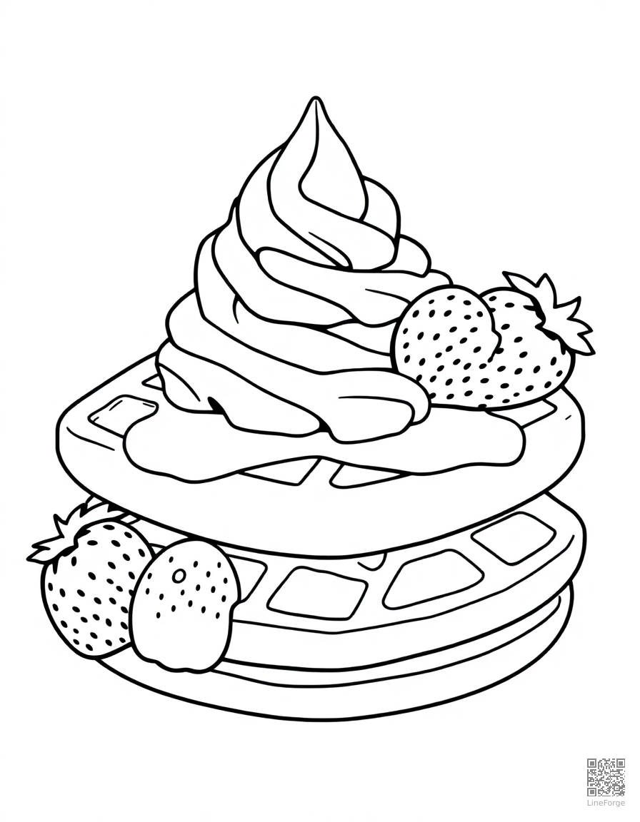Free waffle with strawberries and whipped cream coloring page in contour style — printable line art