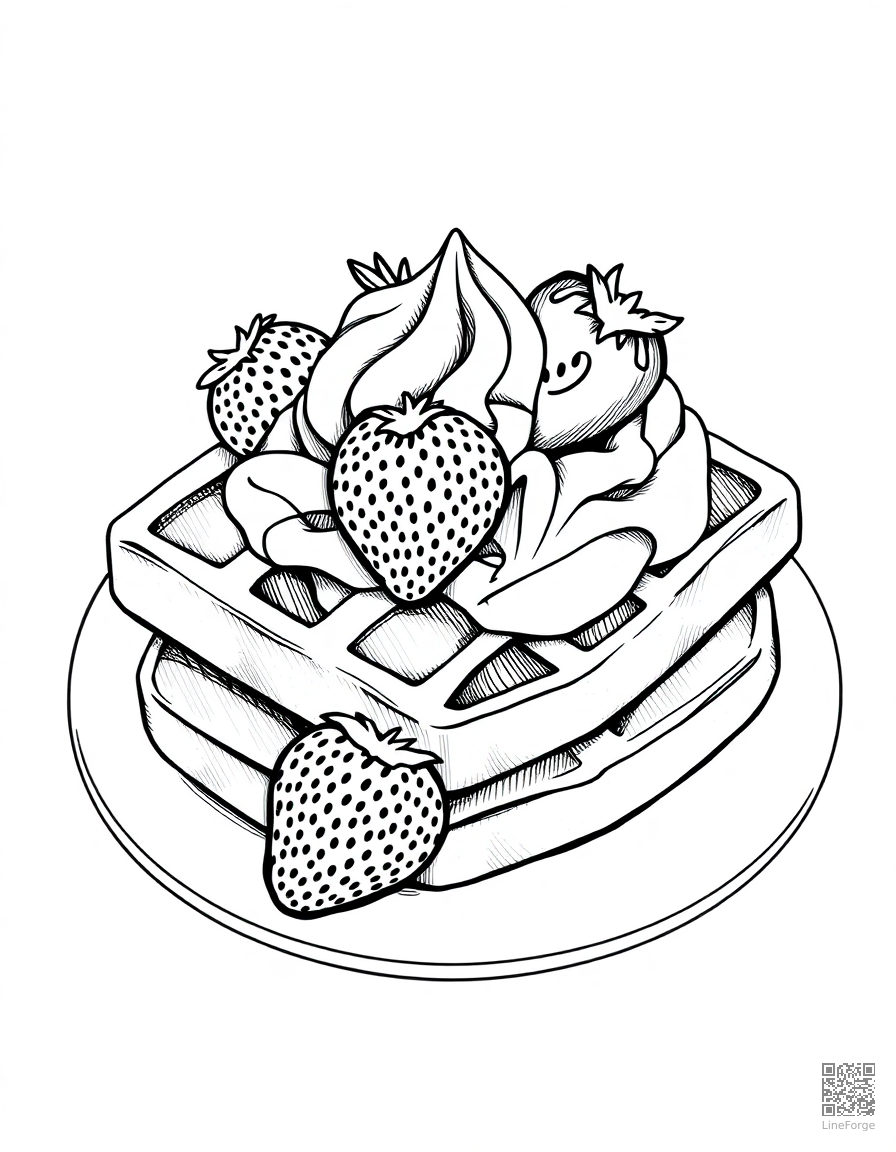 Free waffle with strawberries and whipped cream coloring page in crosshatch style — printable line art