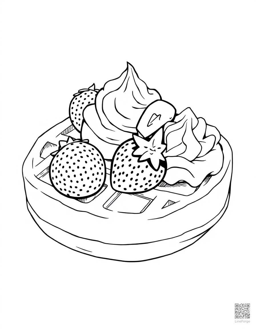 Free waffle with strawberries and whipped cream coloring page in manga style — printable line art