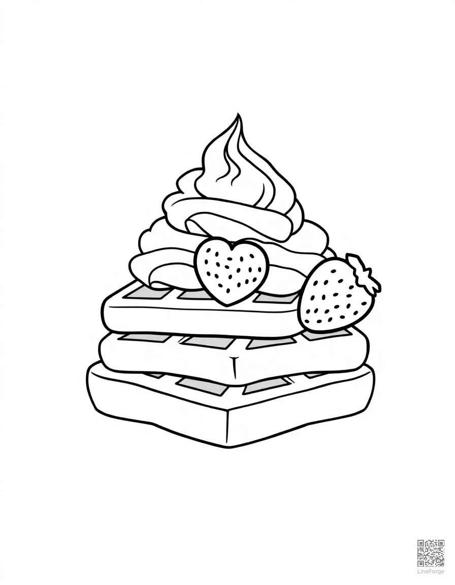 Free waffle with strawberries and whipped cream coloring page in minimal style — printable line art