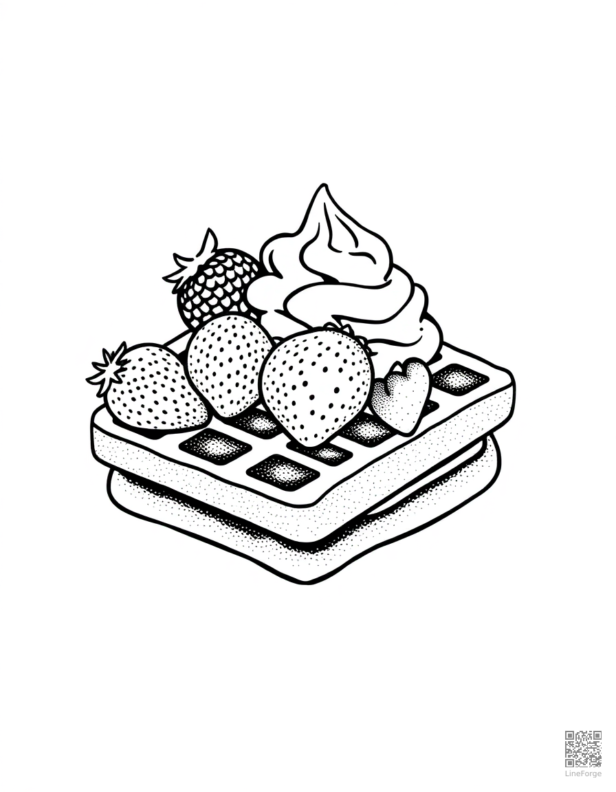waffle with strawberries and whipped cream coloring page Stipple style free printable