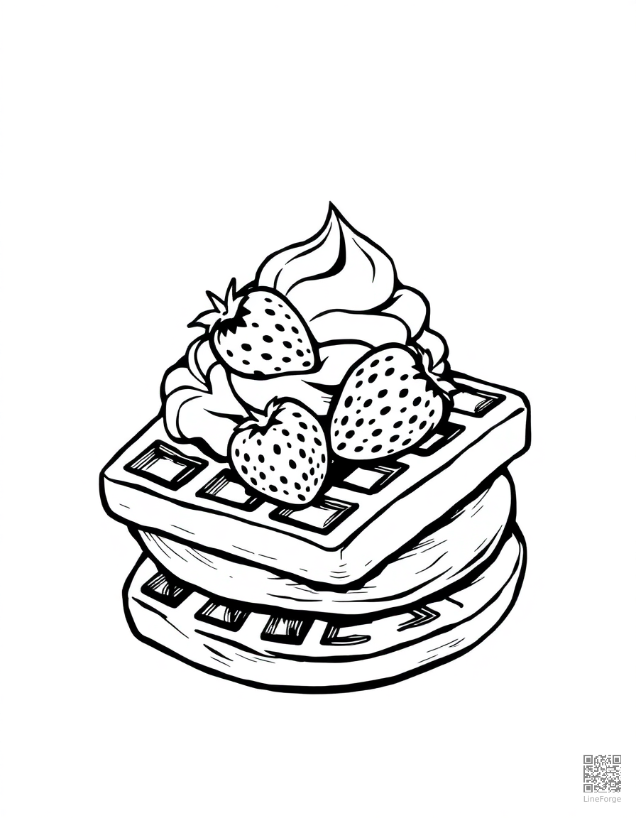 Free waffle with strawberries and whipped cream coloring page in woodcut style — printable line art