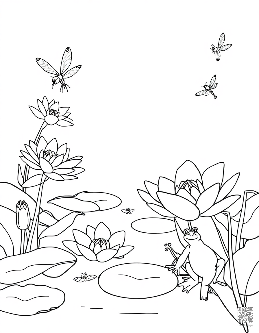 Free water lily pond with frogs and dragonflies coloring page in contour style — printable line art