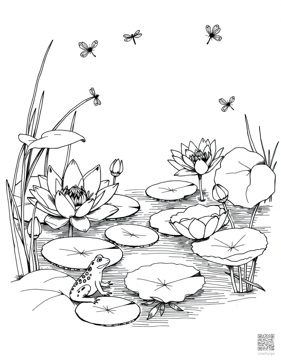 Free water lily pond with frogs and dragonflies coloring page in crosshatch style — printable line art