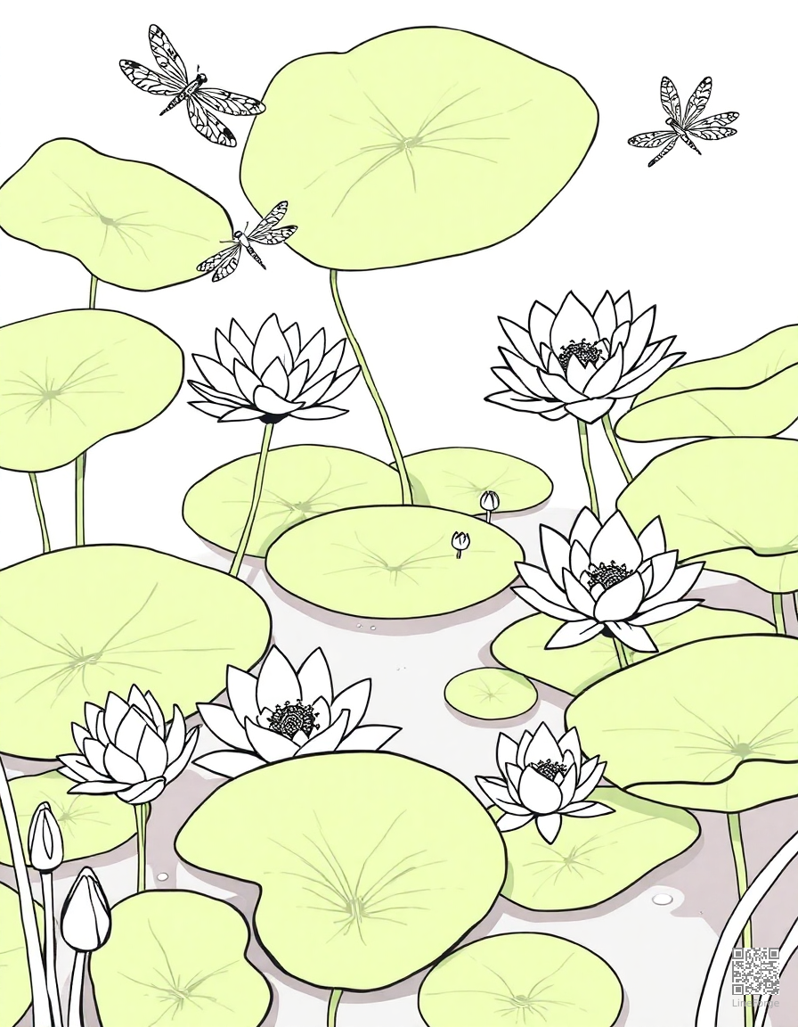 Free water lily pond with frogs and dragonflies coloring page in manga style — printable line art
