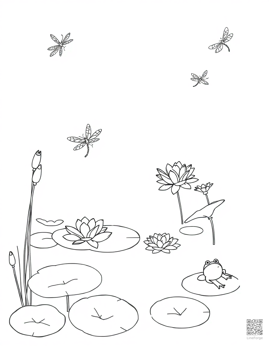 Free water lily pond with frogs and dragonflies coloring page in minimal style — printable line art