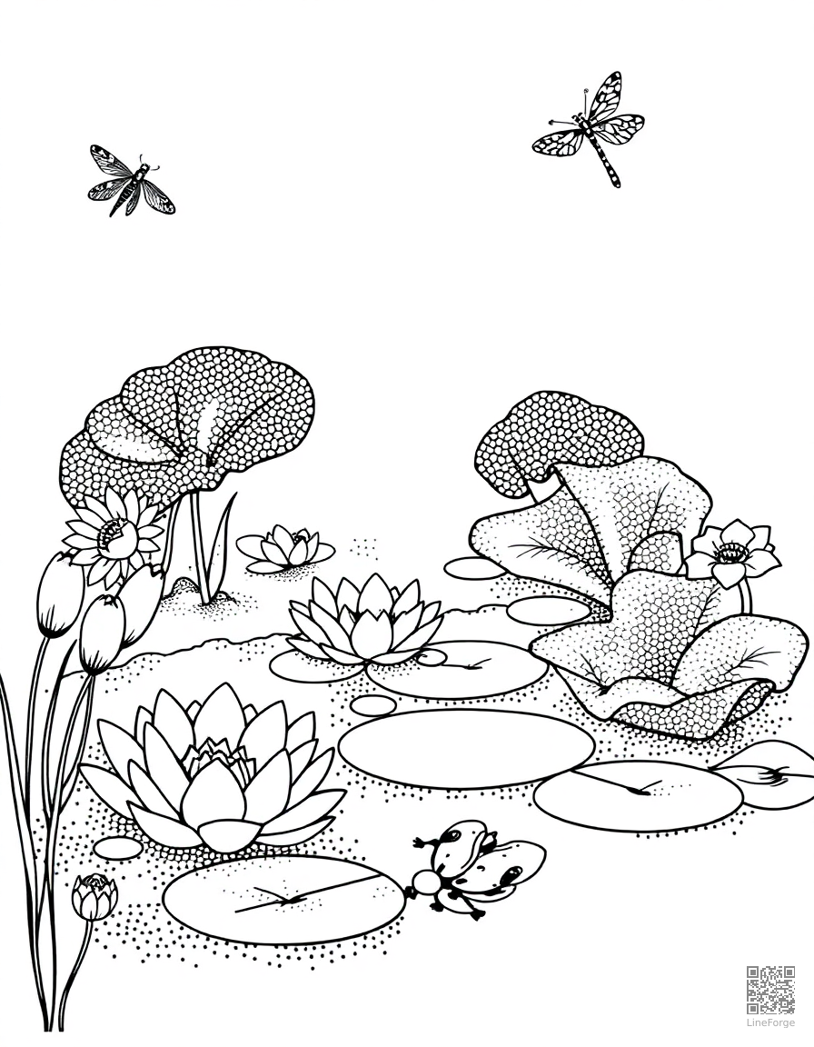 Free water lily pond with frogs and dragonflies coloring page in stipple style — printable line art