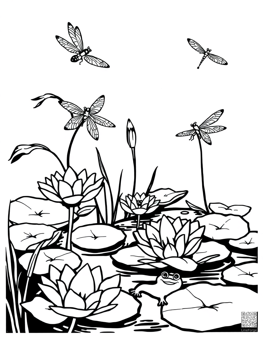 Free water lily pond with frogs and dragonflies coloring page in woodcut style — printable line art