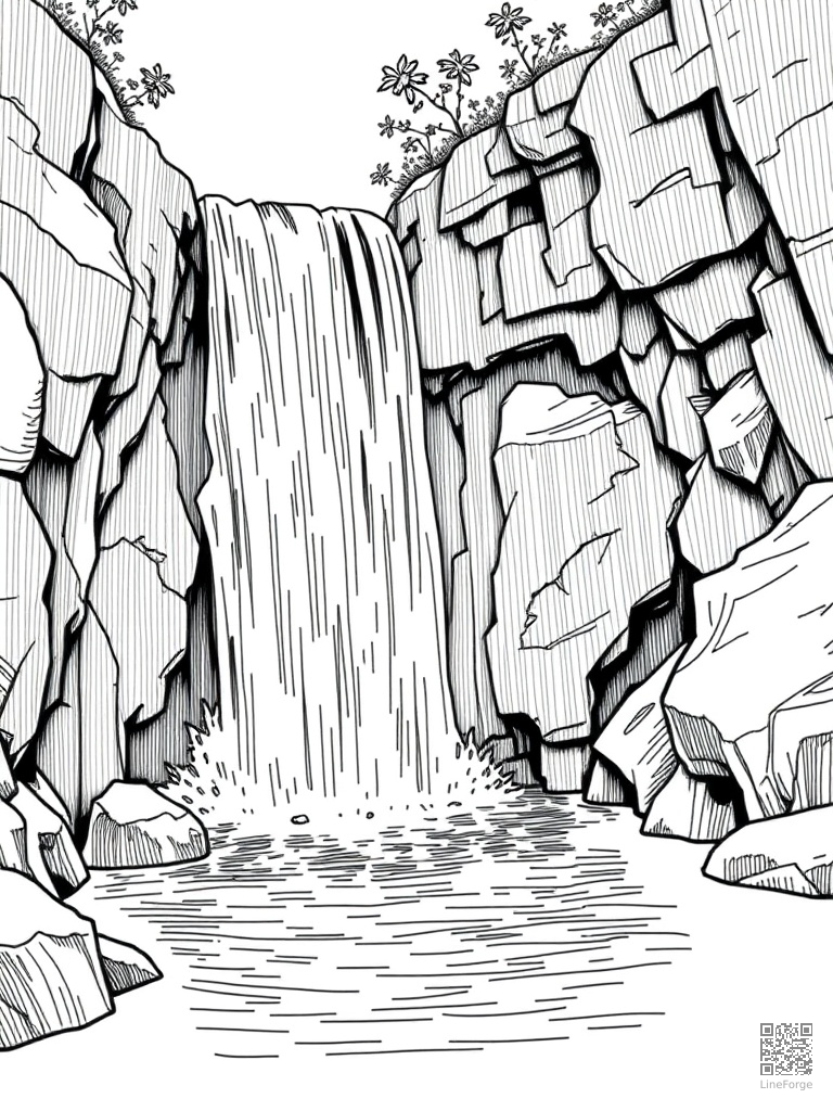 Waterfall cascading into a crystal clear pool coloring page Crosshatch style - free printable