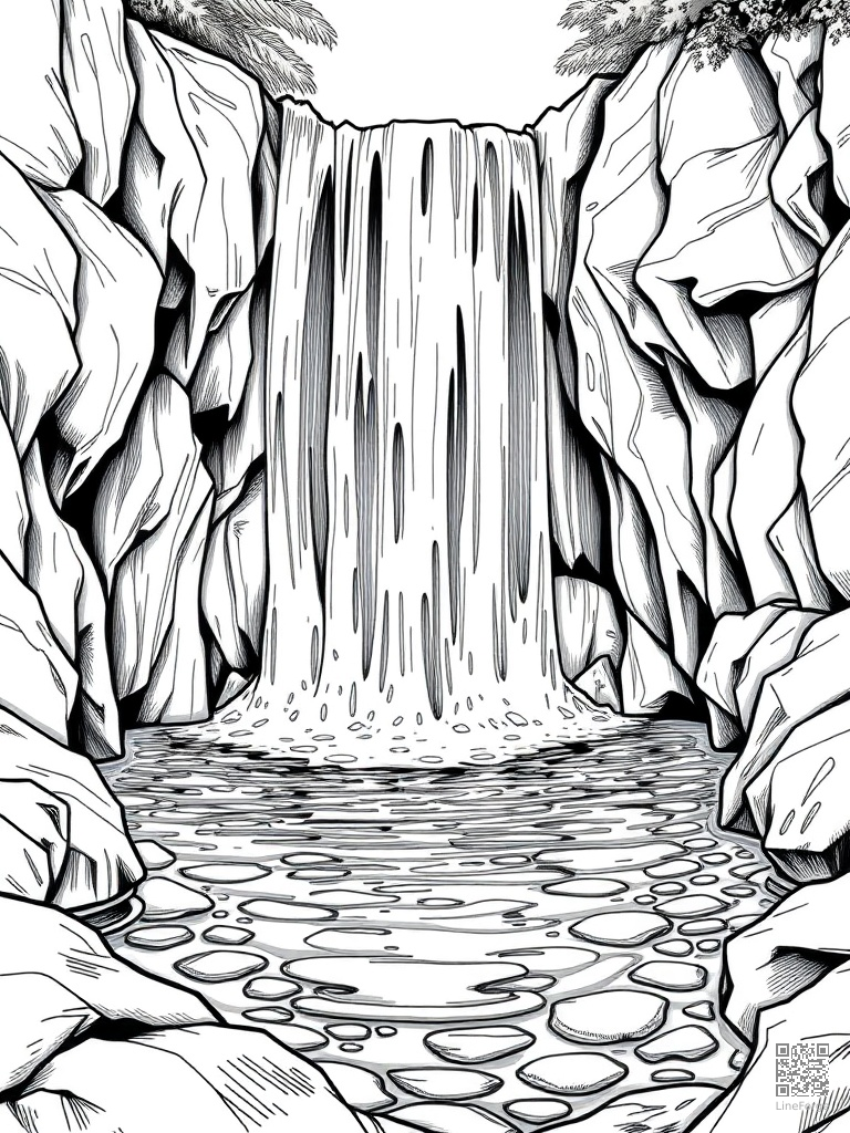 Waterfall cascading into a crystal clear pool coloring page Manga style - free printable