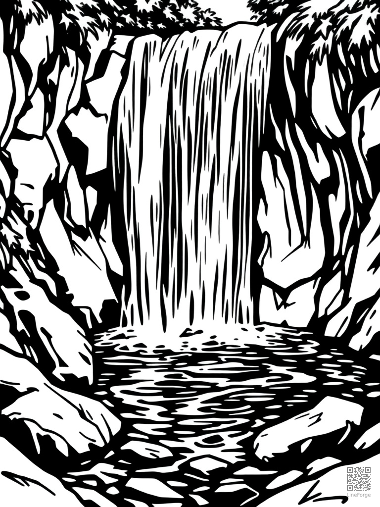 Waterfall cascading into a crystal clear pool coloring page Woodcut style - free printable