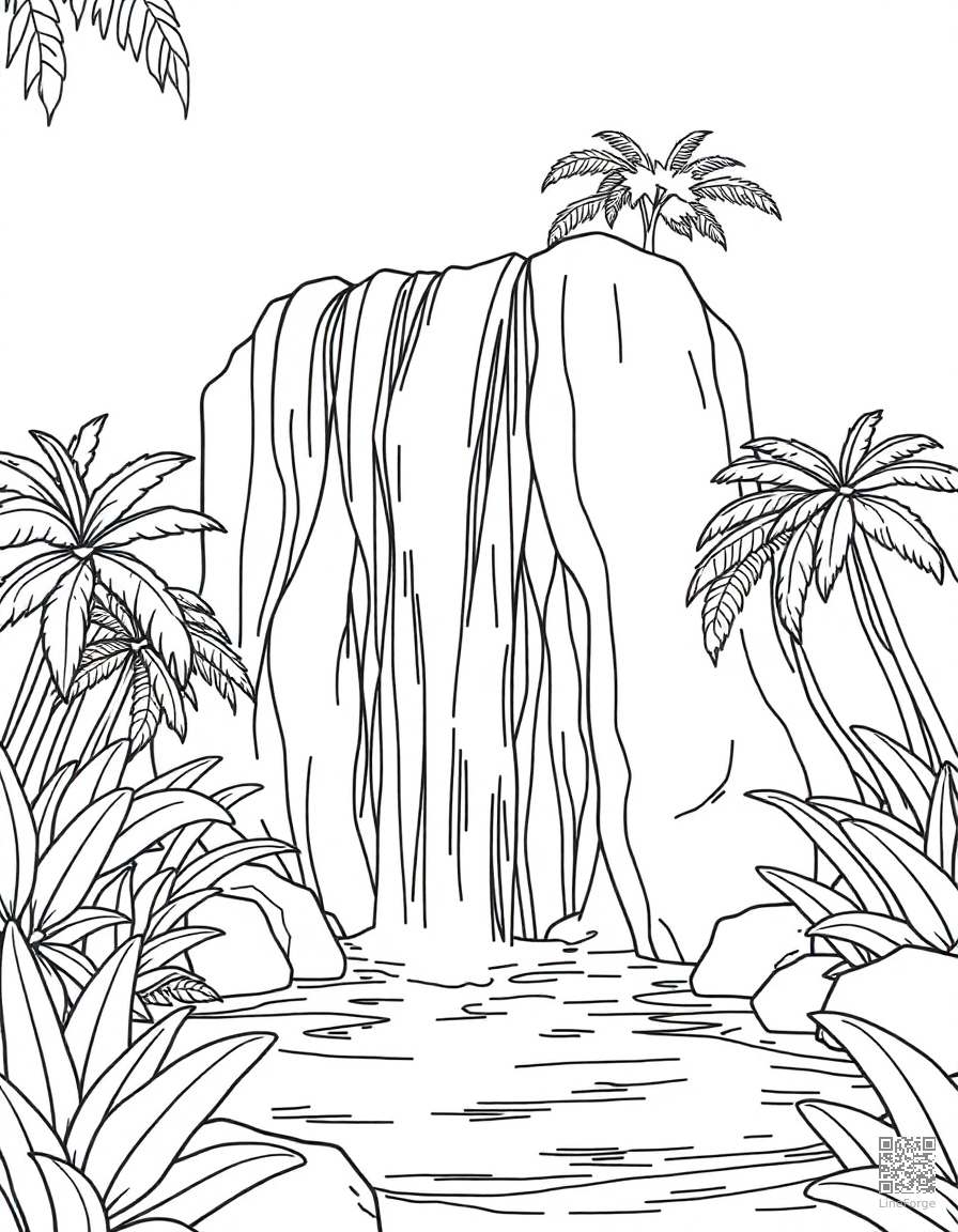 Free waterfall cascading into a tropical pool coloring page in contour style — printable line art