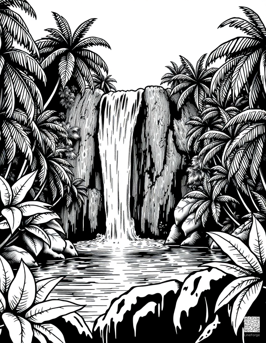 Free waterfall cascading into a tropical pool coloring page in crosshatch style — printable line art
