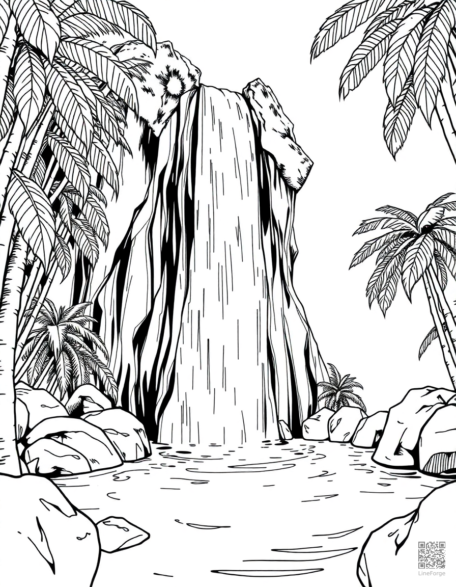 waterfall cascading into a tropical pool coloring page Manga style - free printable