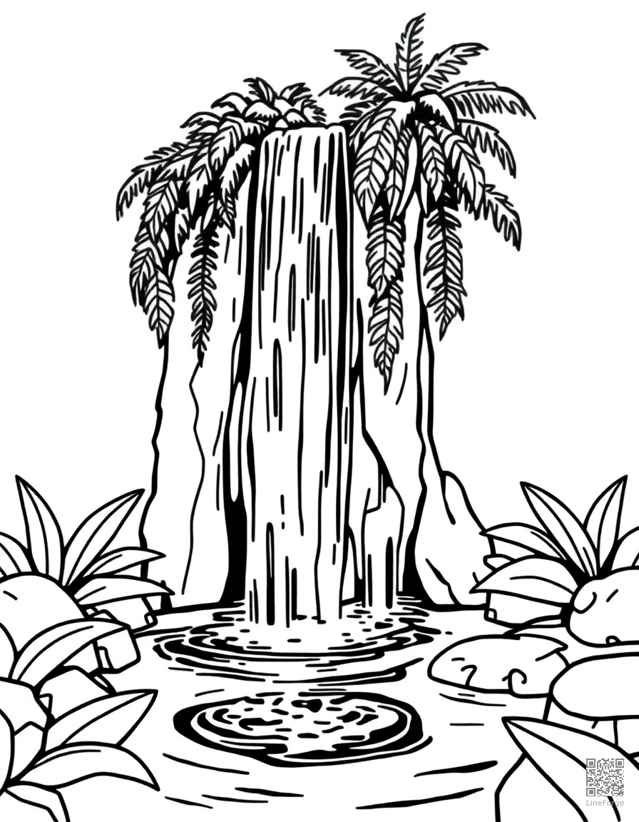 Free waterfall cascading into a tropical pool coloring page in minimal style — printable line art