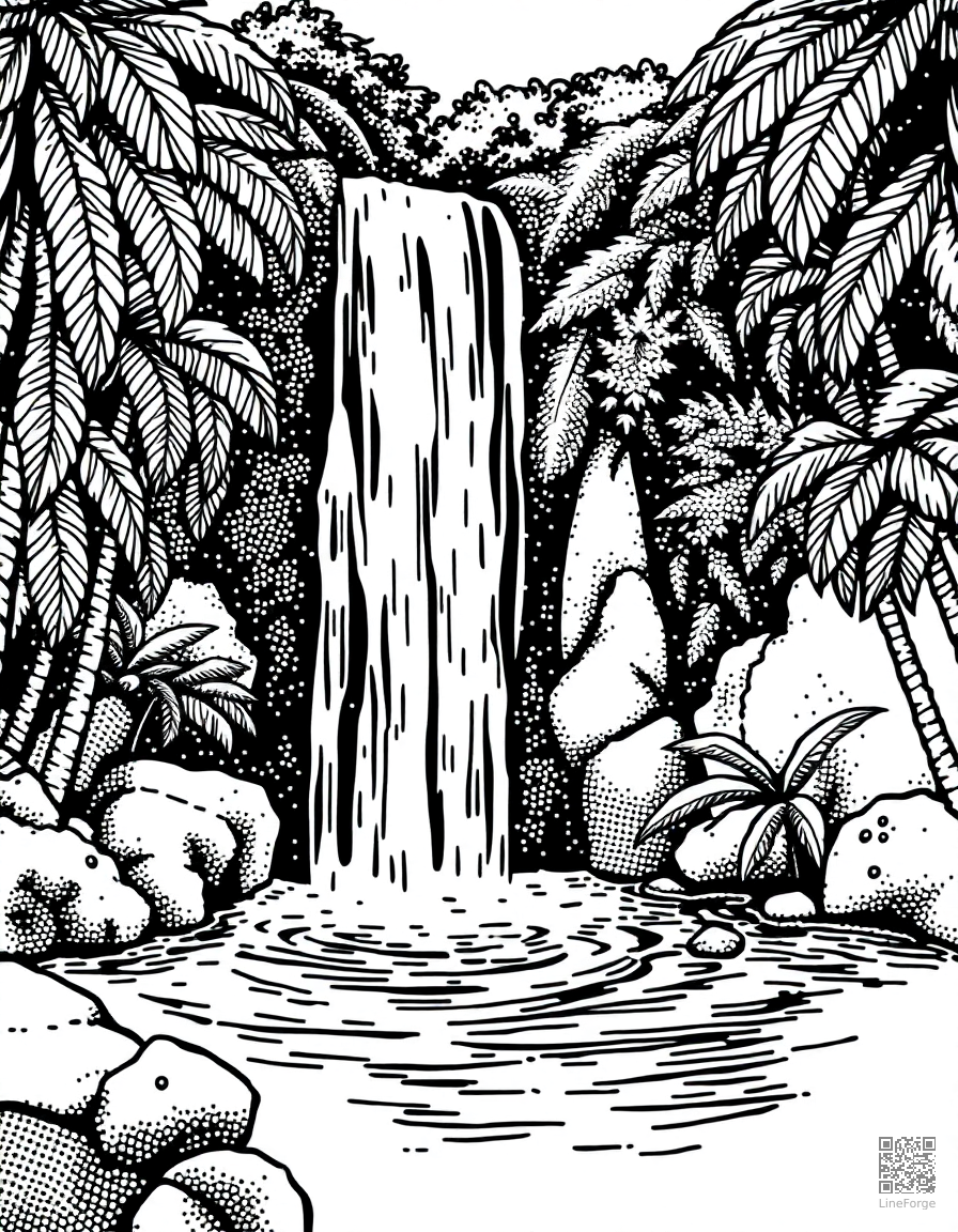 waterfall cascading into a tropical pool coloring page Stipple style - free printable