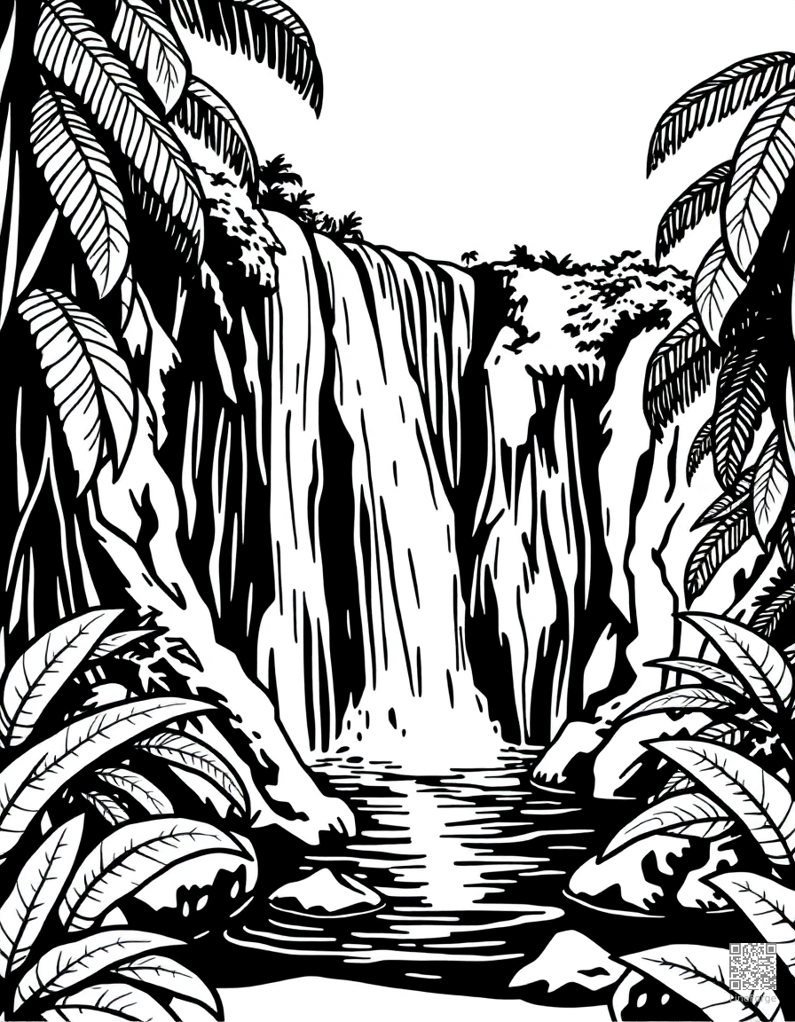 waterfall cascading into a tropical pool coloring page Woodcut style - free printable