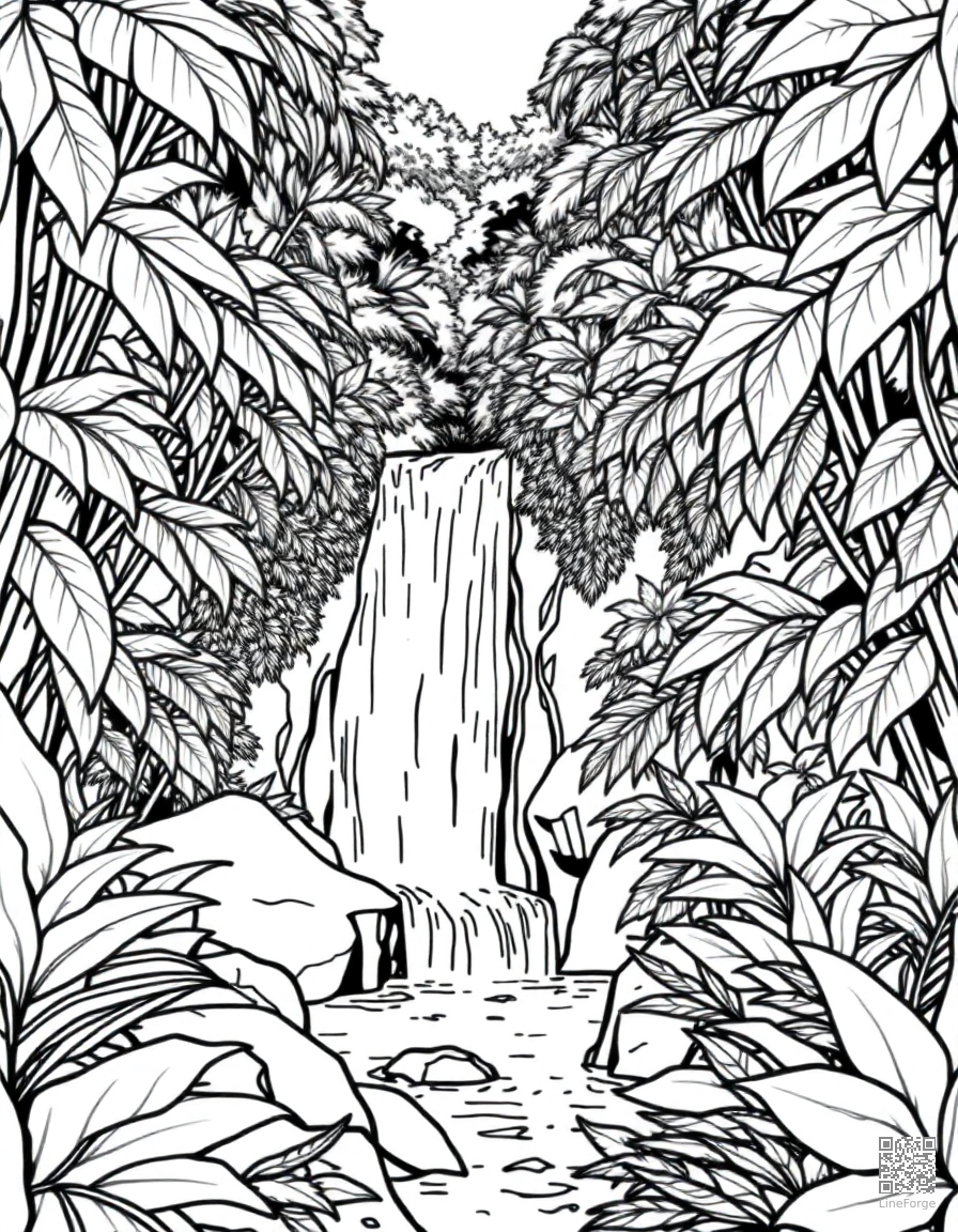 Waterfall in a lush rainforest coloring page Contour style - free printable