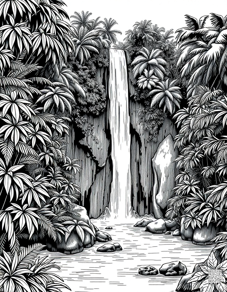 Waterfall in a lush rainforest coloring page Crosshatch style - free printable