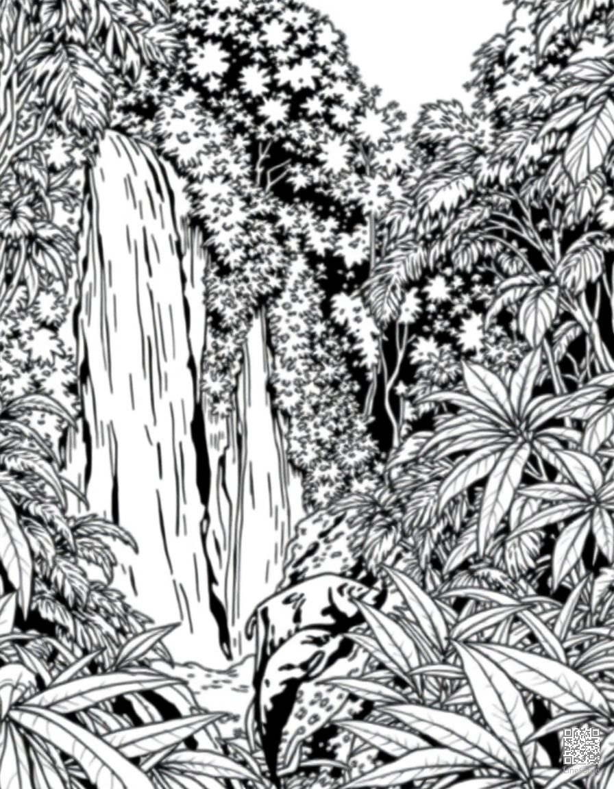 Waterfall in a lush rainforest coloring page Manga style - free printable