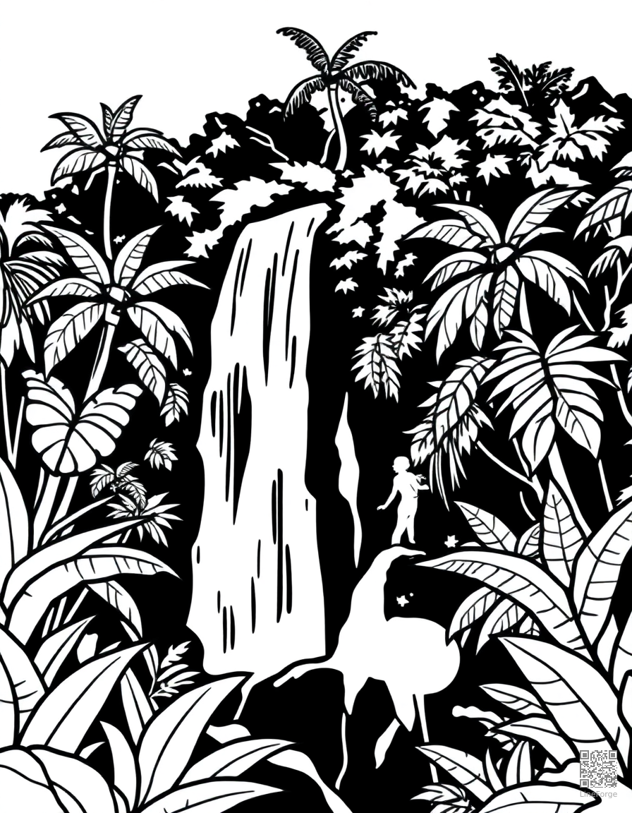 Waterfall in a lush rainforest coloring page Minimal style - free printable