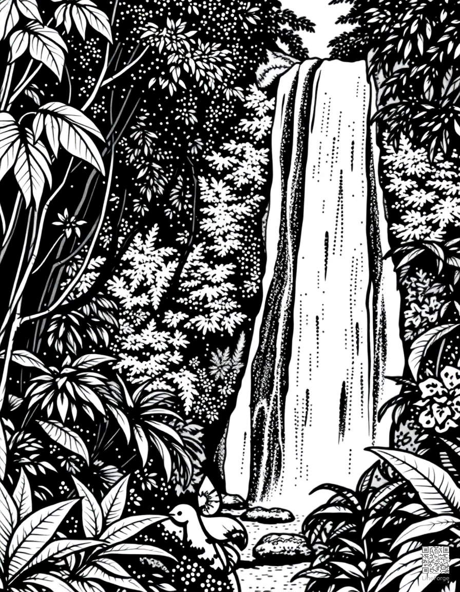 Waterfall in a lush rainforest coloring page Stipple style - free printable