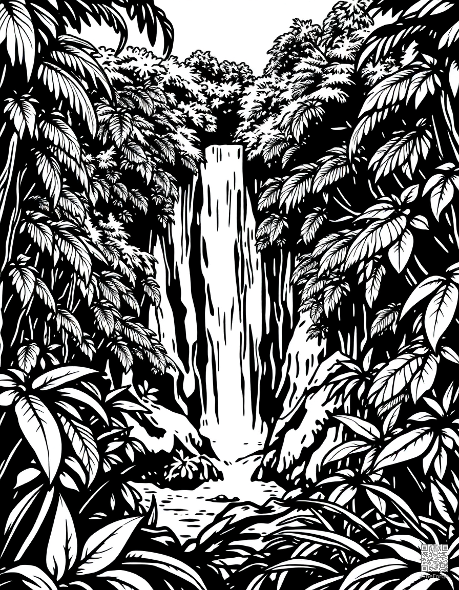 Waterfall in a lush rainforest coloring page Woodcut style - free printable