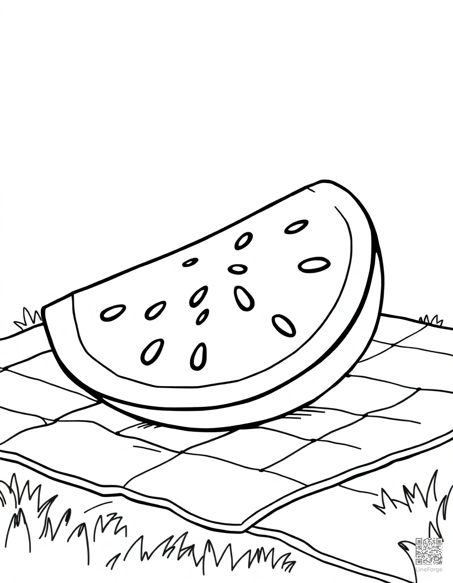 Free watermelon slice on a picnic blanket coloring page in contour style — printable line art