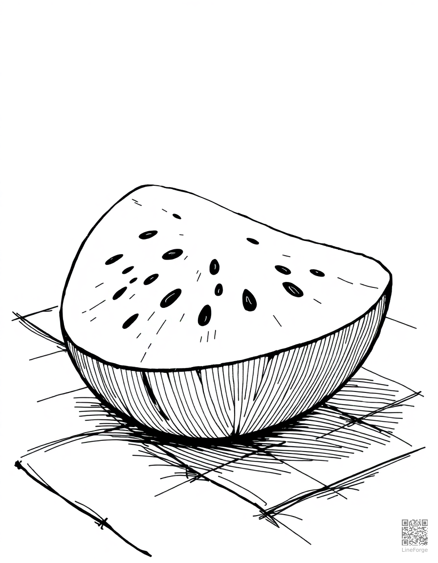 Free watermelon slice on a picnic blanket coloring page in crosshatch style — printable line art