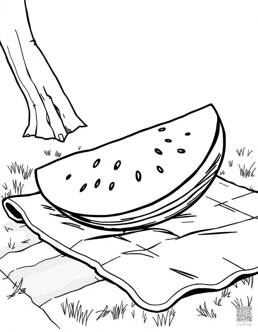 Free watermelon slice on a picnic blanket coloring page in manga style — printable line art
