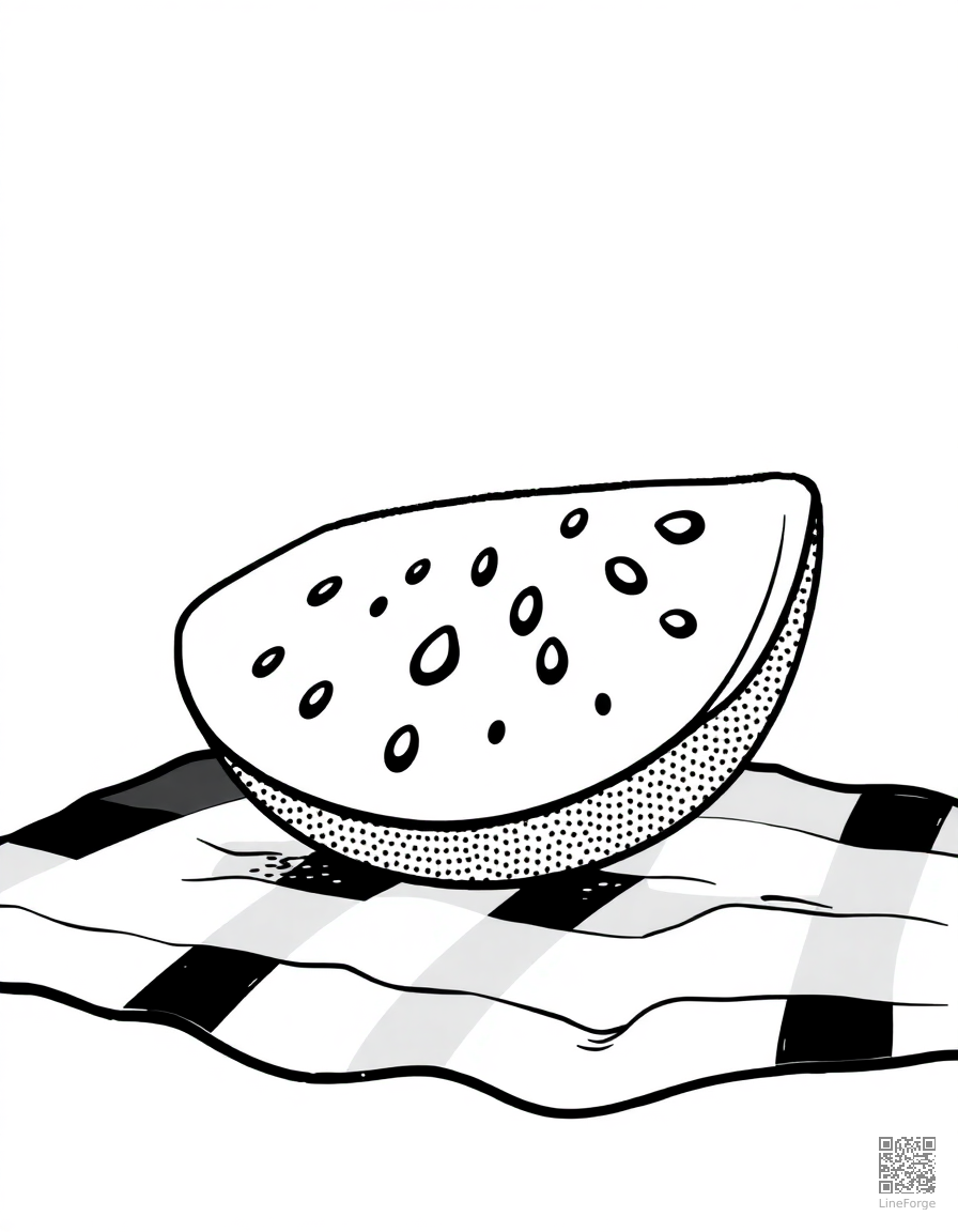 Free watermelon slice on a picnic blanket coloring page in stipple style — printable line art