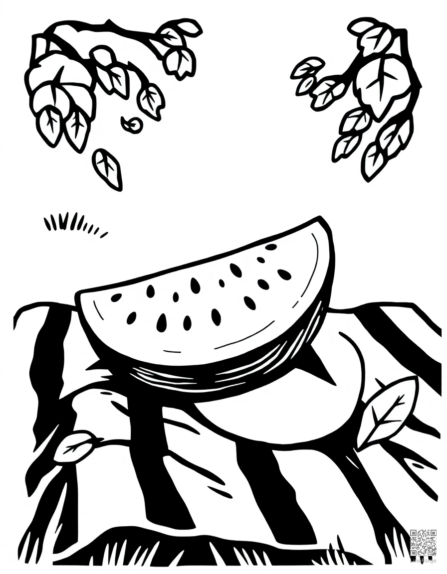Free watermelon slice on a picnic blanket coloring page in woodcut style — printable line art