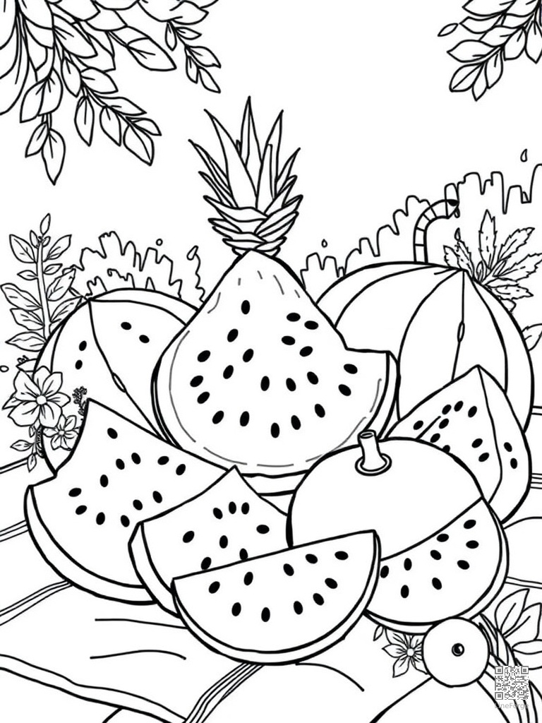 Watermelon slices and summer fruit at a picnic coloring page Contour style - free printable