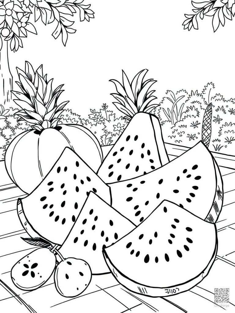 Watermelon slices and summer fruit at a picnic coloring page Manga style - free printable