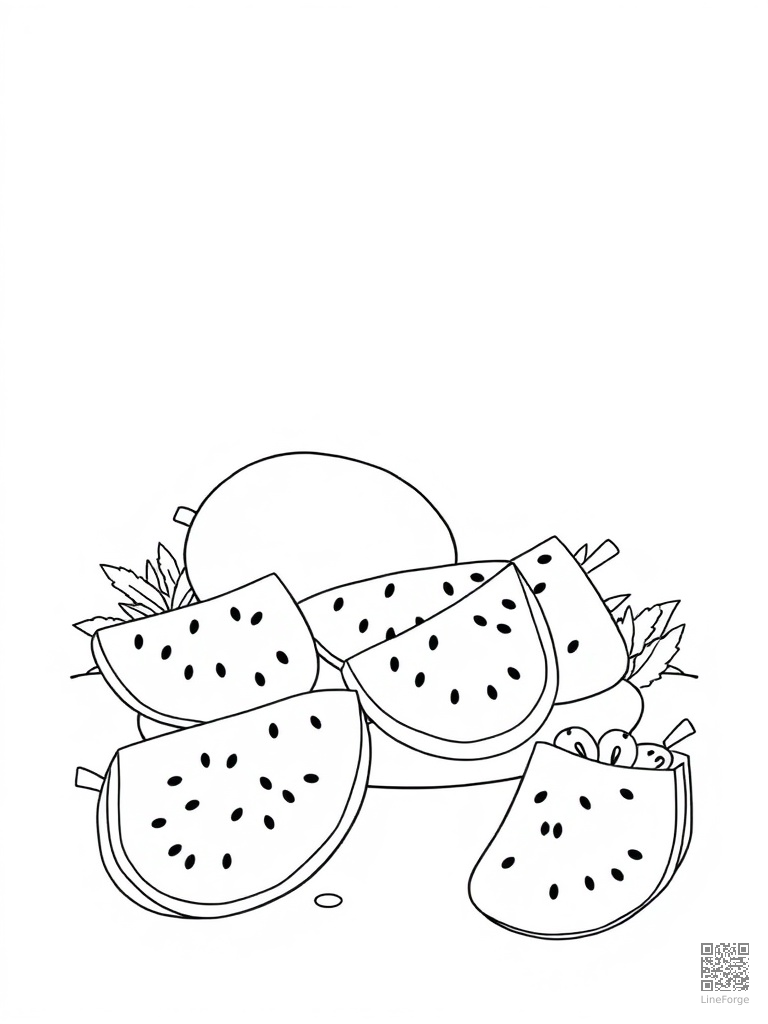 Watermelon slices and summer fruit at a picnic coloring page Minimal style - free printable